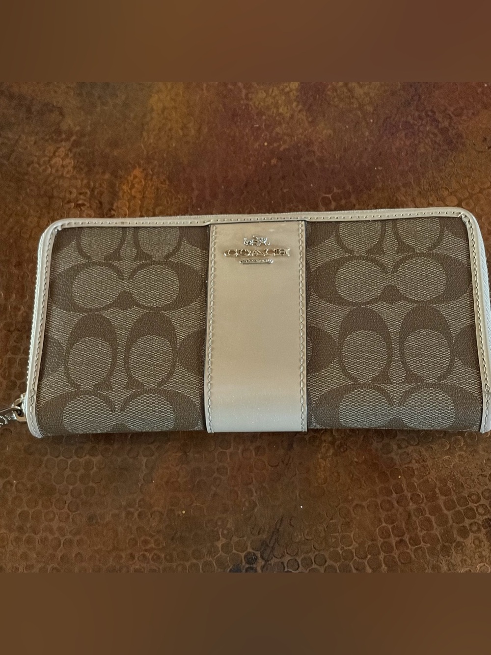 AUTHENTIC Coach Signature Zip Wallet Brown Canvas & Cream Leather Gently Used